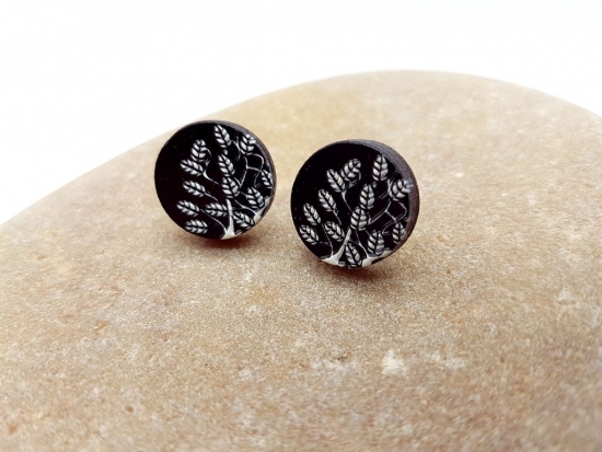 Blatt black & white 3D Holz Scheiben Ohrstecker